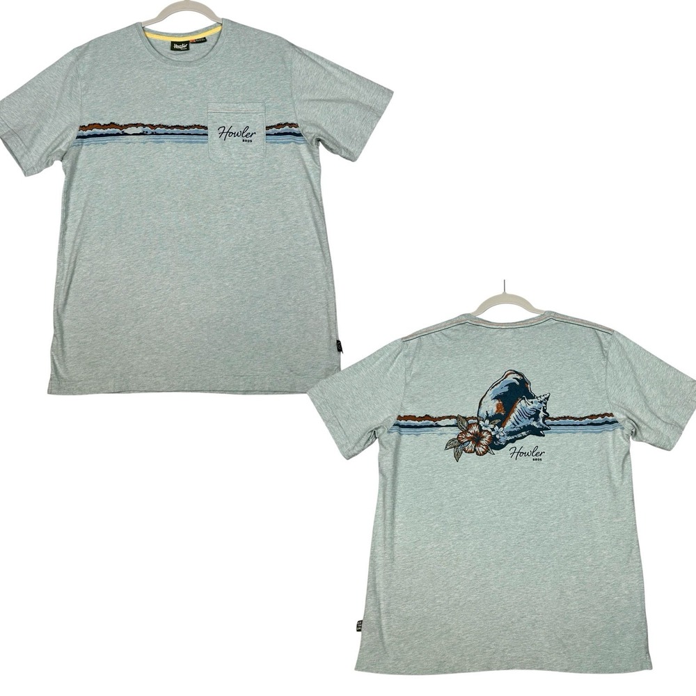 Howler Brothers T-Shirt Mens M‎ Seaspray Heather Green Conch Stripe Pocket Tee